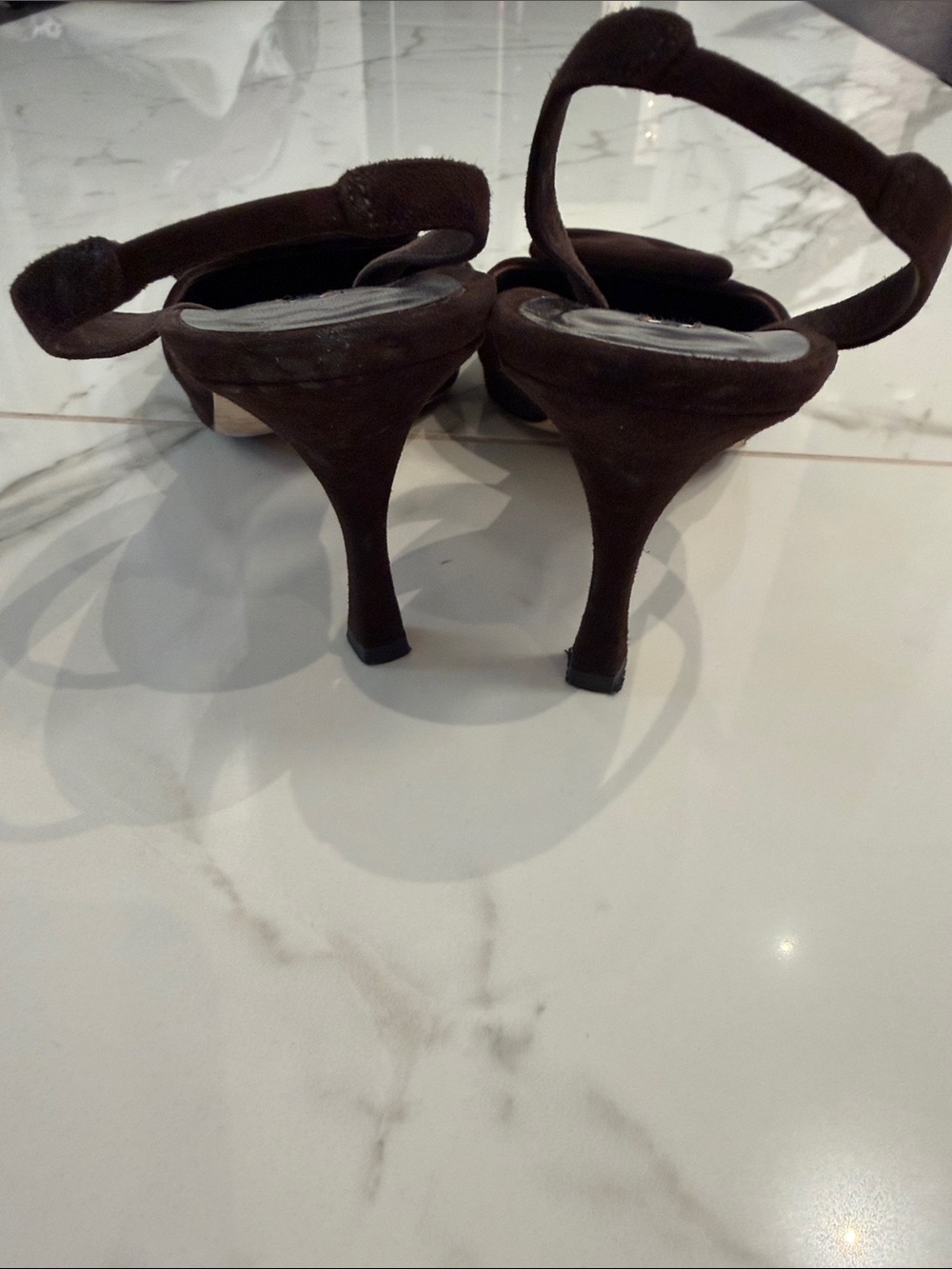 Manolo Blahnik Dark Brown Suede Pointed Slingback Pumps with Buckle - Picture 2 of 4